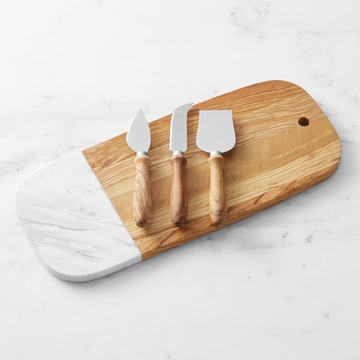 Olivewood & White Marble Rectangular Cheese Board with Cheese Knives | Williams-Sonoma