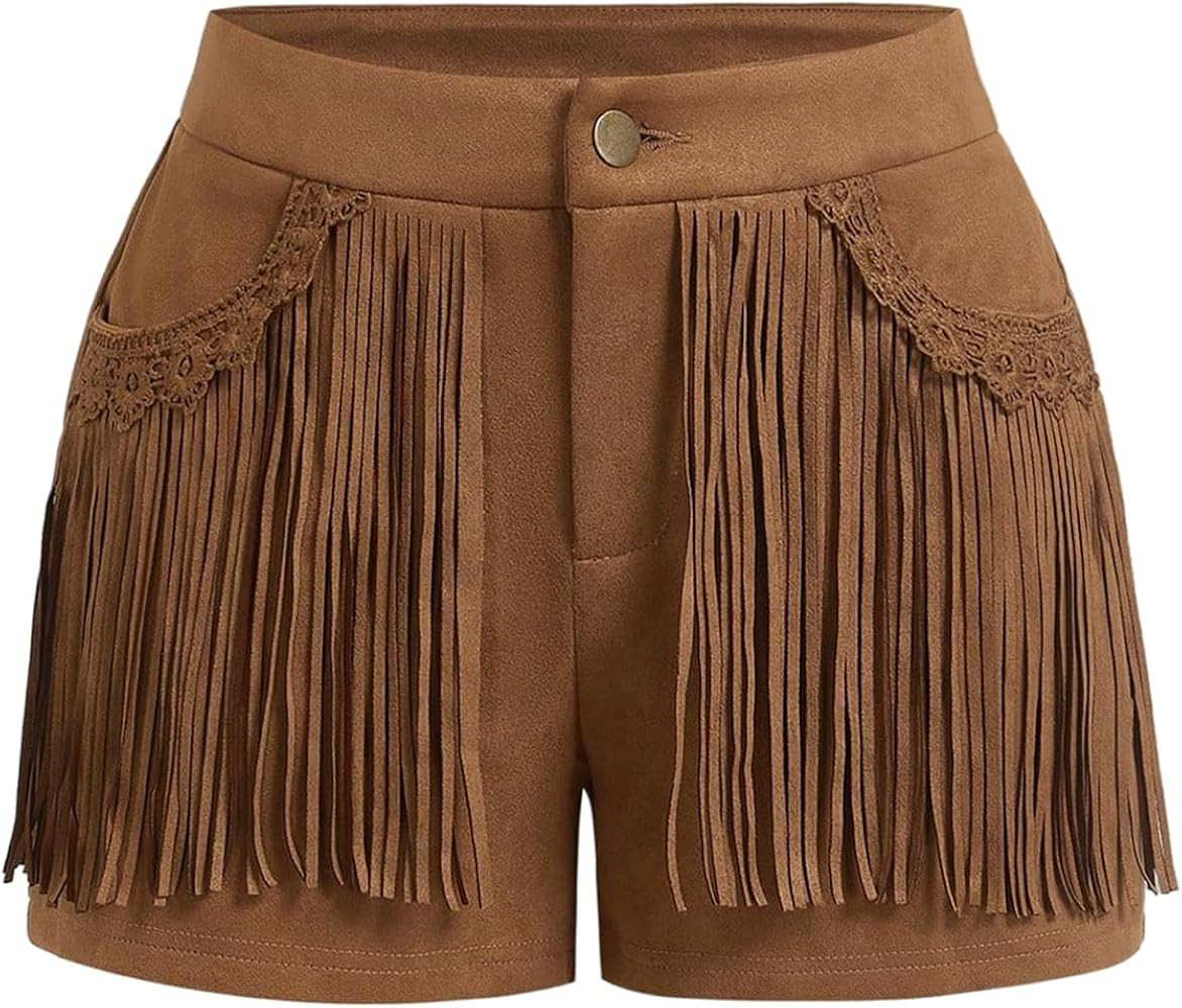 WDIRARA Women's Western Rodeo Fringe Suede Shorts Vintage Low Rise Mini Shorts | Amazon (US)