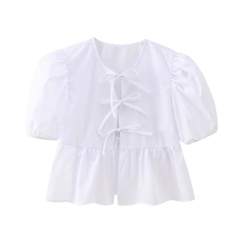 Women Y2K Tie Front Tops Puff Short Sleeve Peplum Shirts Going Out Lace up Crop Top Blouse | Amazon (US)