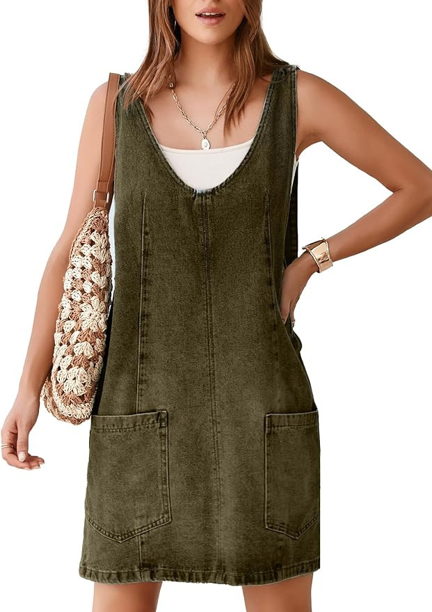 BerryGo Women's Denim V Neck Sleeveless Overall Dress Casual Mini Pinafore Dress Short Jumper Jea... | Amazon (US)
