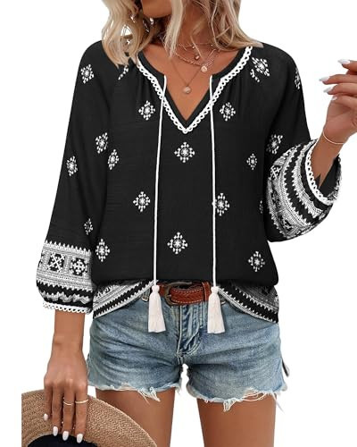 Vivilli Fall Shirts for Women: 3/4 Sleeve Blouses Boho Tops Dressy Casual V Neck Floral Print Shirts Peasant Blouses Cotton Linen Shirt for Women Flowy Tunic Tops for Leggings Black L | Amazon (US)