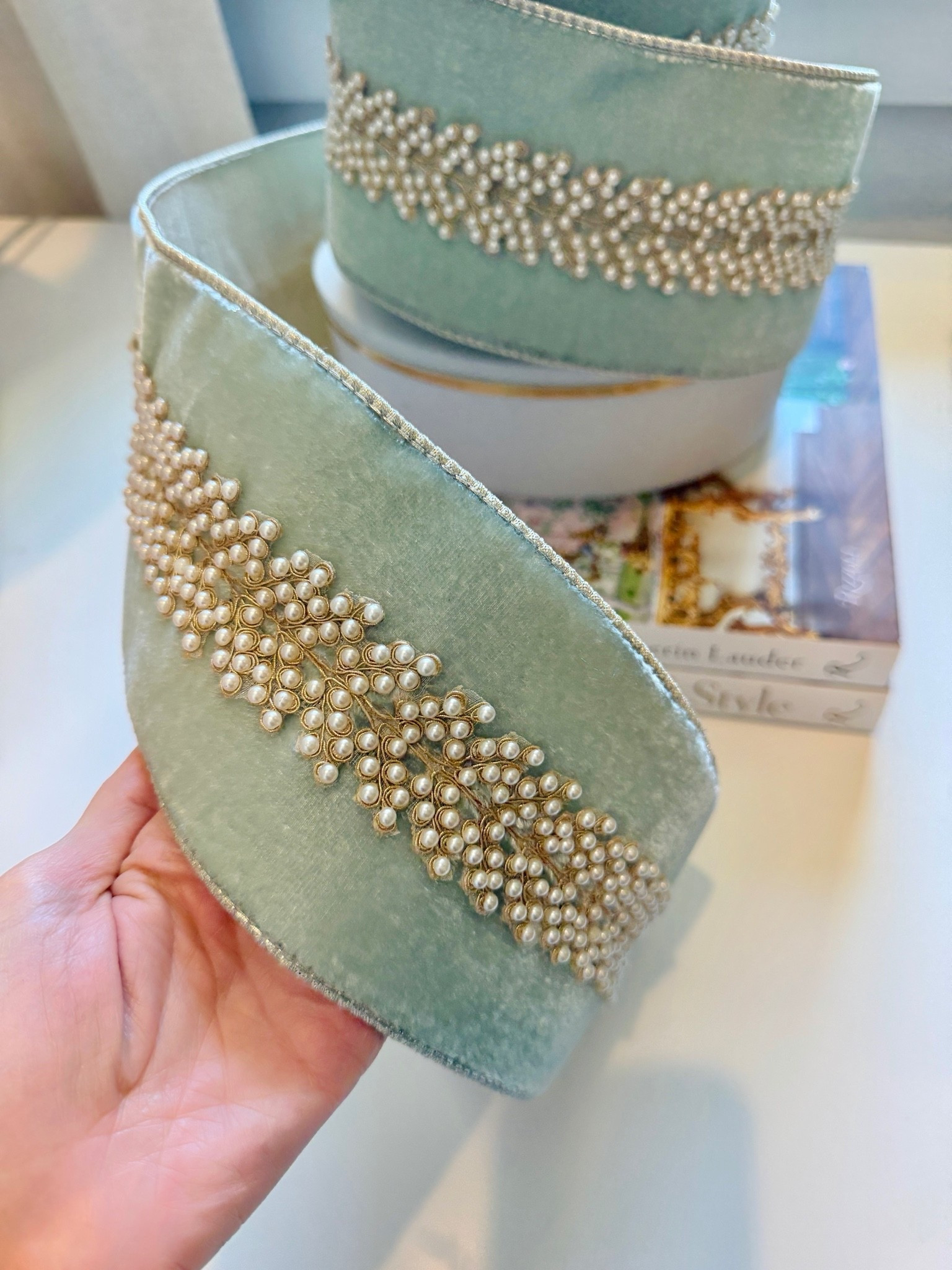 How fabulous is this seafoam velvet ribbon with pearl accents 😍 grab it before it’s gone!