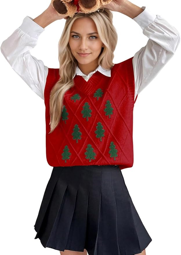 Christmas Tree Sweater Vest for Women V Neck Sleeveless 2025 Ribbed Knit Casual Loose Pullover Ta... | Amazon (US)