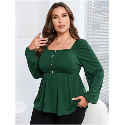 Elegant Green Plus Size Casual Tops for Women - Puff Sleeve, Square Neck, Waist Peplum Blouse, Ideal Gift for Special Occasions, 5XL | Target