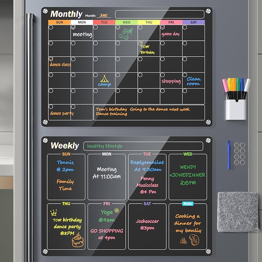 Acrylic Magnetic Dry Erase Board for Fridge, 2-Pack Monthly & Weekly Calendar Planner Note Blackb... | Amazon (US)