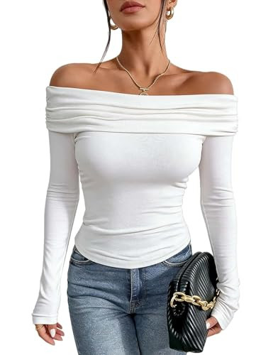 Prettywear Women's Sexy Off Shoulder Tops Dressy Casual Long Sleeves Going Out Nightout Shirt(White,S) | Amazon (US)
