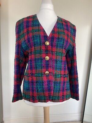 Vintage St Michael M&S Bouclè Wool Blend Tartan Button Jacket Pink Green 12 14 | eBay UK