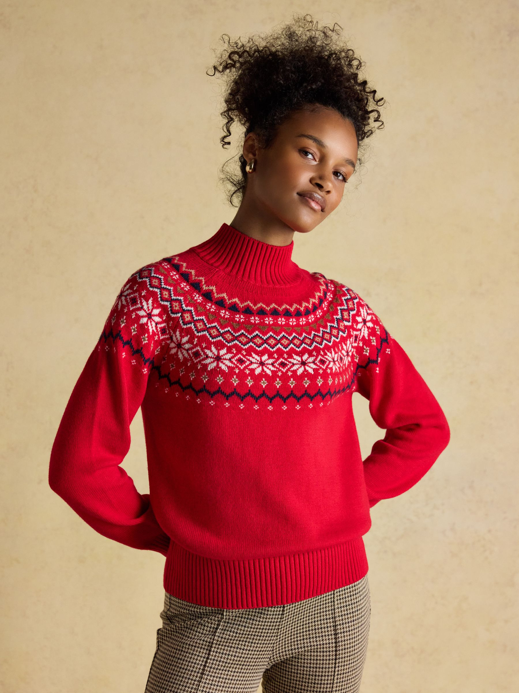 Alba Red Fair Isle High Neck Cotton-Blend Jumper | Joules | Joules