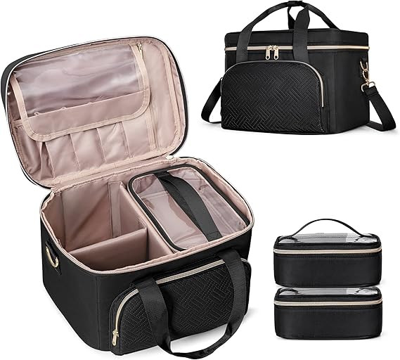 Travel Makeup Bag with 2 Pouches and Adjustable Dividers, Large Cosmetic Case Make up Organizer f... | Amazon (US)