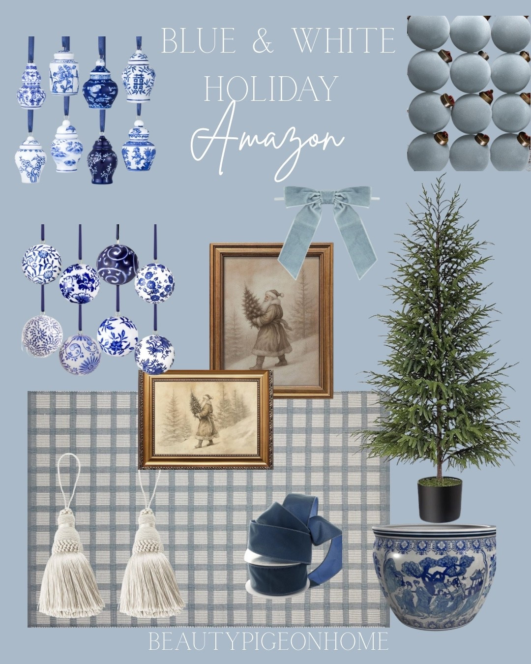 Blue & white holiday 
Christmas decor 

Dusty blue 
Velvet ribbon 
Chinoiserie holiday decor 

#LTKHome #LTKSeasonal #LTKHoliday