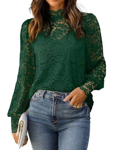 HOTOUCH Blouses for Women Dressy Casual Sexy Lace Tunic Tops Mock Neck Puffy Long Sleeve Tshirts ... | Amazon (US)