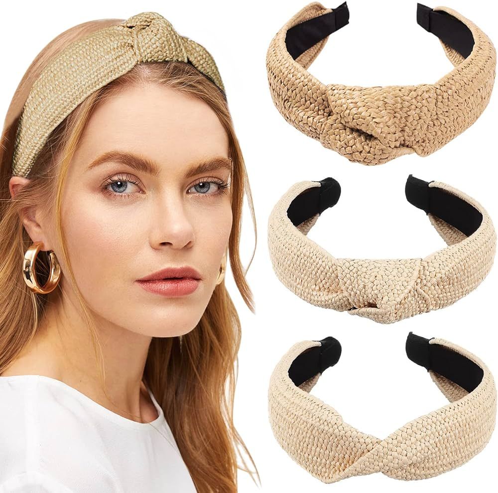 YIQXKOUY 3 Pack Straw Knotted Headbands Raffia Headband Fashion Rattan Boho Headband Summer Bohem... | Amazon (CA)