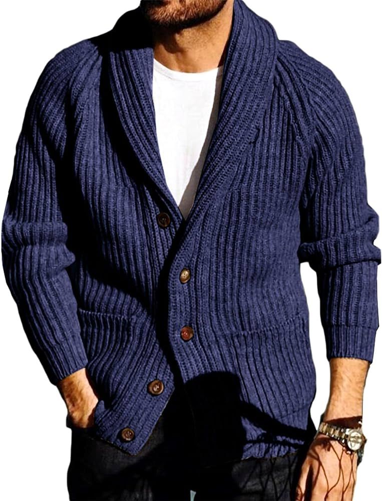 FUERI Mens Cardigan Knitted Jacket Shawl Collar Loose Chunky Cable Knit V Neck Knitwear Outerwear | Amazon (UK)