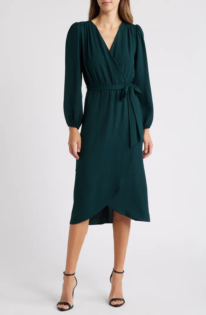 Long Sleeve Faux Wrap Midi Dress | Nordstrom