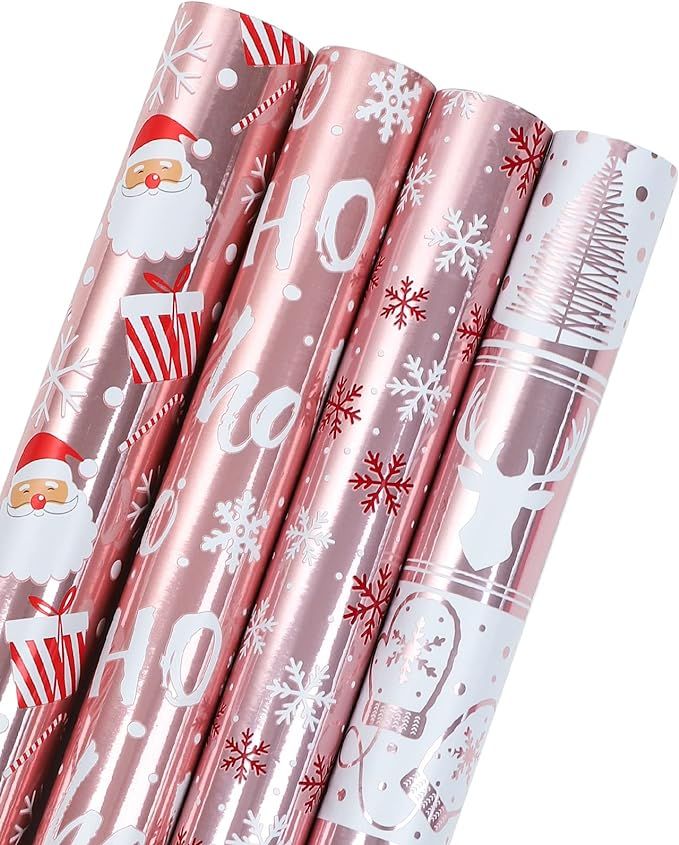 WRAPAHOLIC Christmas Wrapping Paper Roll - Rose Gold Santa, Snowflakes and Reindeer Holiday Colle... | Amazon (US)