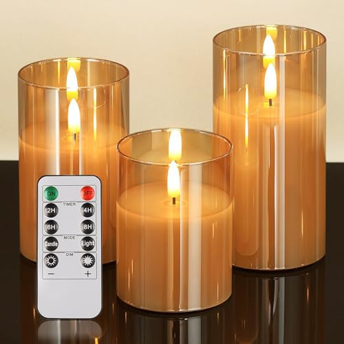 Flickering Flameless Candles with Remote, 3D Wick Realistic Battery Operated Candles with Timer, Real Wax Gold Glass LED Fake Candles for Home Decor Party Christmas Wedding Gifts for Mom, Set of 3 | Amazon (US)
