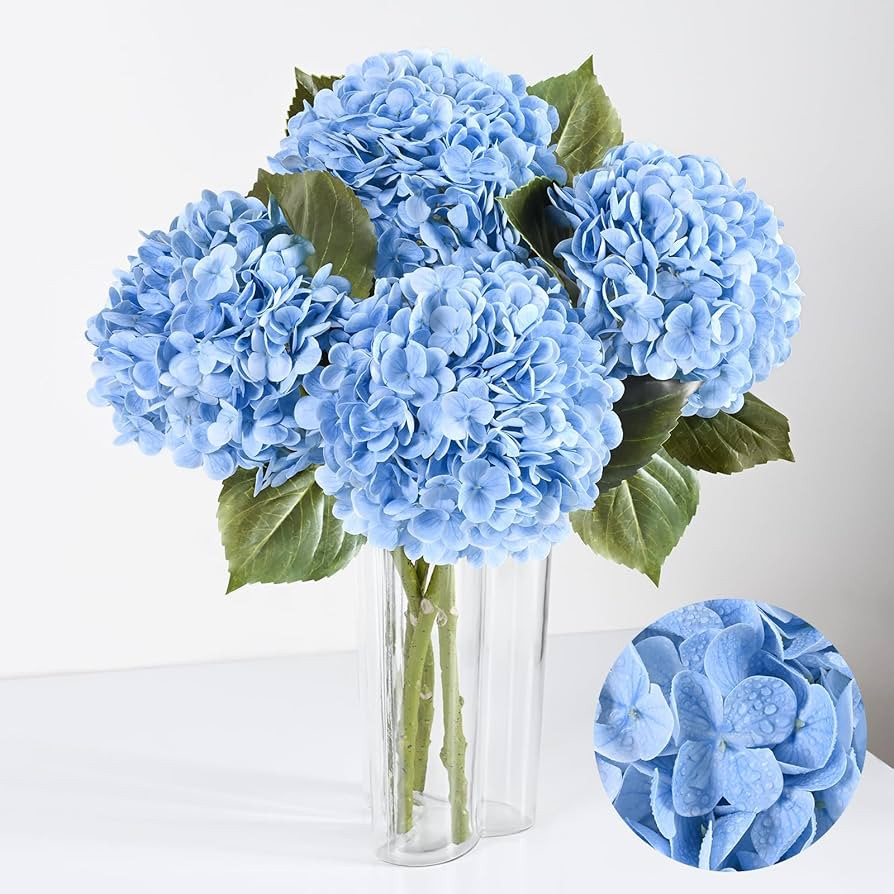 Artflower 4Pcs Real Touch Hydrangea Artificial Flowers, 22.5'' Blue Full Latex Faux Hydrangea Flo... | Amazon (US)