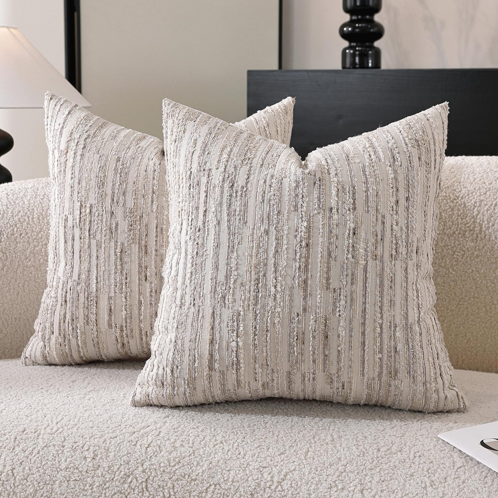 Striped Throw Pillow Covers 18x18 Set of 2 Beige Textured Boucle Chic Morden Boho Accent Farmhouse Decorative Chenille Pillow Covers for Home Decor Bed Sofa Living Room | Amazon (US)