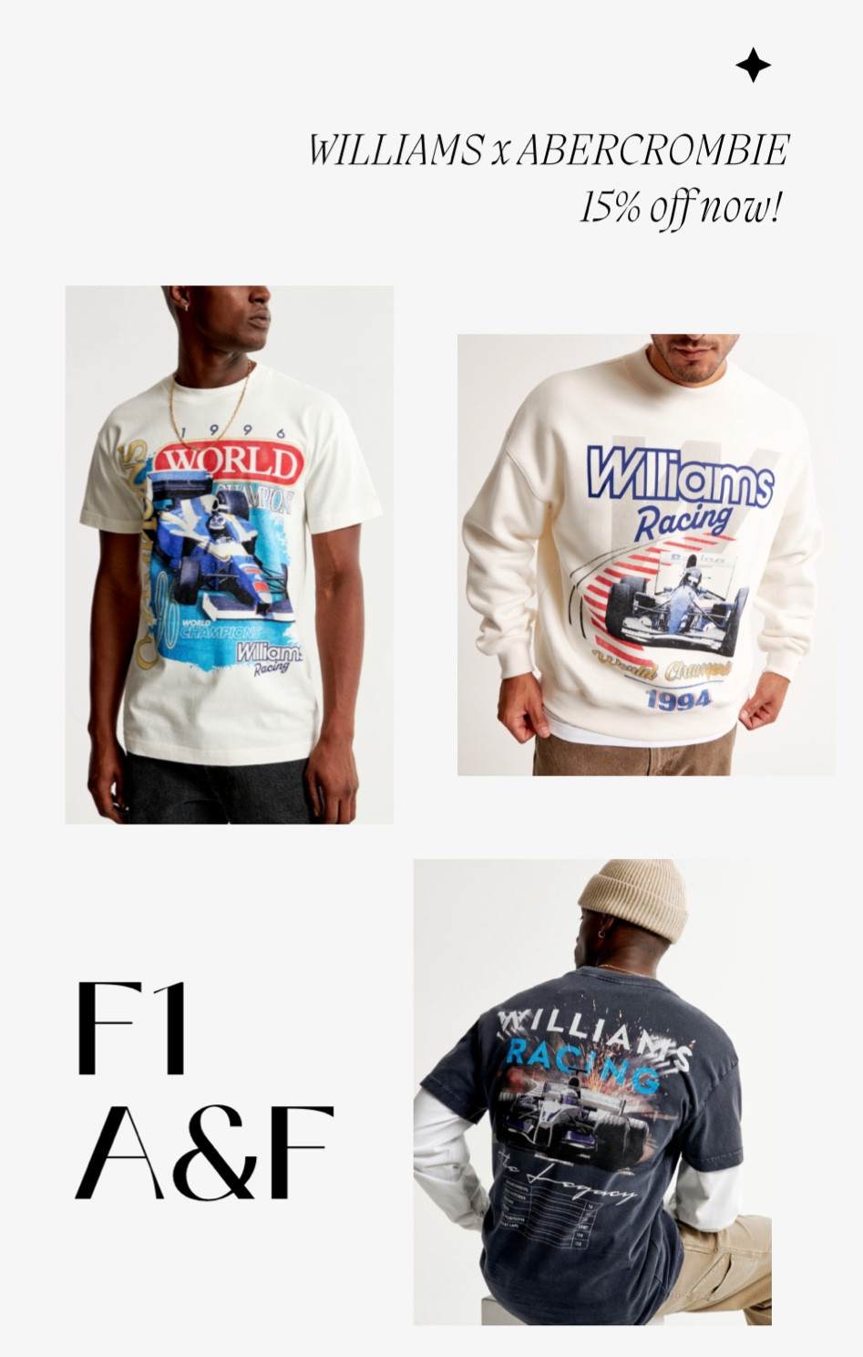 More F1 merch with Abercrombie!!! Williams released a collaboration with Abercrombie. 
#abercrombie #williams #formula1

#LTKstyletip #LTKfindsunder100