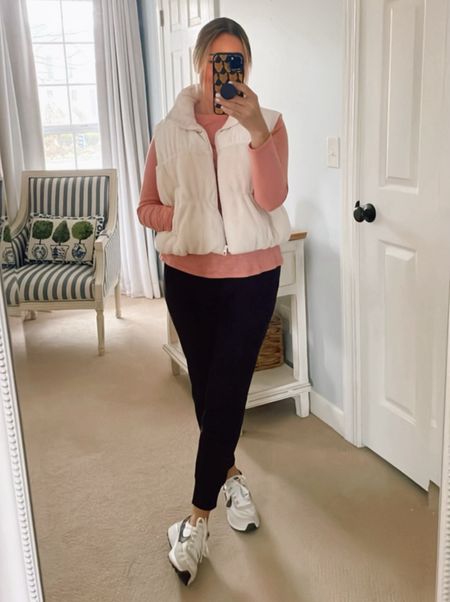 Cream puffer fleece vest. Calia black joggers. Nike waffle debut sneakers. 

#LTKfitness