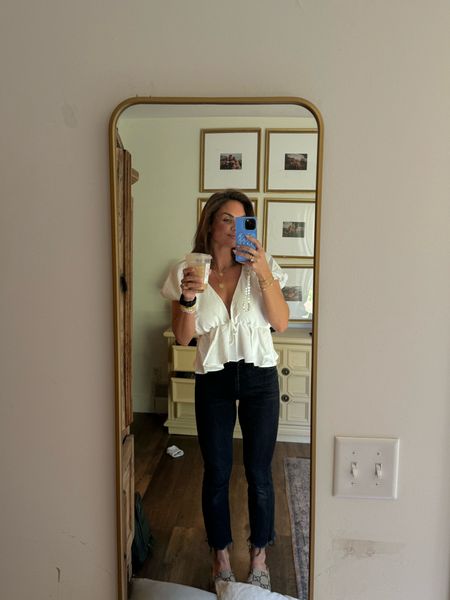 Cutest white top from Amazon, wearing a small. Jeans are MOTHER brand, a fav, in size 26! 