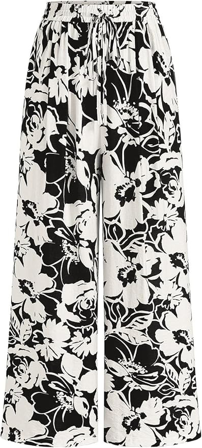 PRETTYGARDEN Womens Pants Elastic Waist Floral Lightweight Palazzo Pants for Women Casual Lounge ... | Amazon (US)