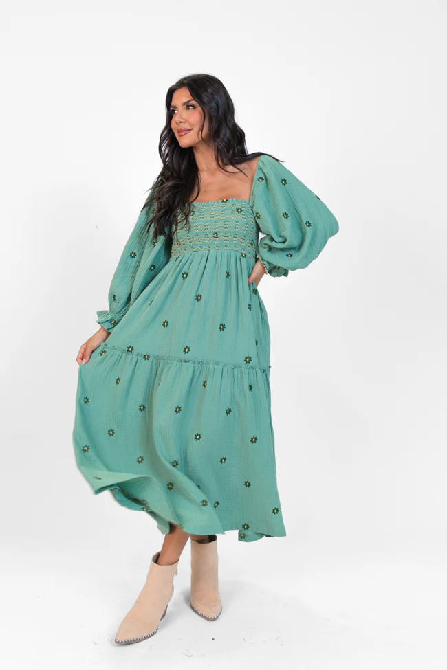 Dress To Impress Sage Floral Stitched Smocked Top Dress | Pink Lily