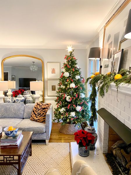 Traditional Christmas living room decor, tree, leaning mirror, lamps, tree collar, tiger pillow

#LTKhome #LTKHoliday #LTKSeasonal