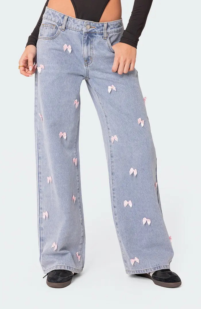 Lucille Satin Bow Wide Leg Jeans | Nordstrom