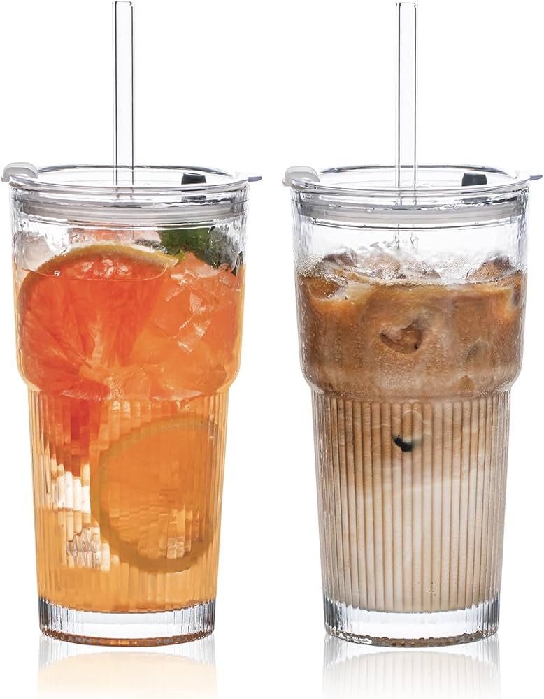 20oz Glass Tumblers Stylish Ribbed Design, Set of 2 | Amazon (US)