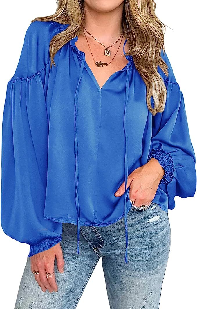 BTFBM Women Casual Satin Blouse Shirts Tie V Neck Long Lantern Sleeve Loose Lightweight Fashion 2... | Amazon (US)