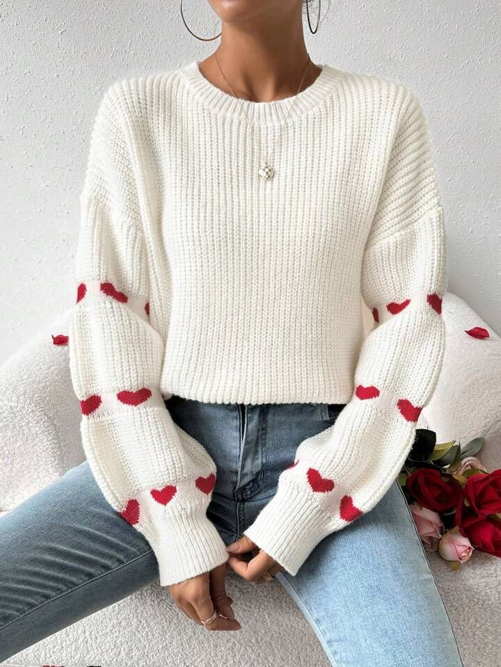 SHEIN Frenchy Casual Drop Shoulder Sweater With Heart Pattern | SHEIN