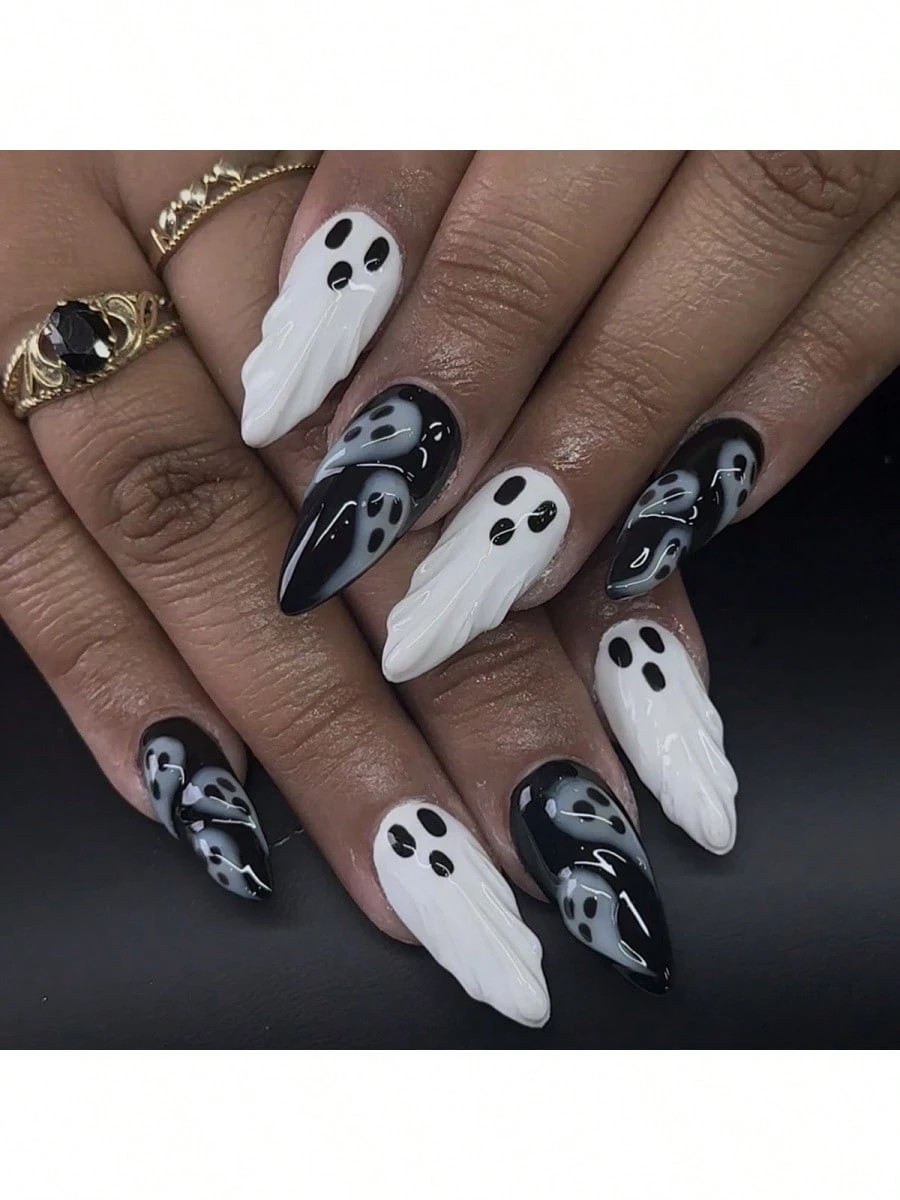 24 Pieces Black And White Halloween Cartoon Ghost 3D Ghost Pattern Halloween Party Detachable Wearable Nails | SHEIN