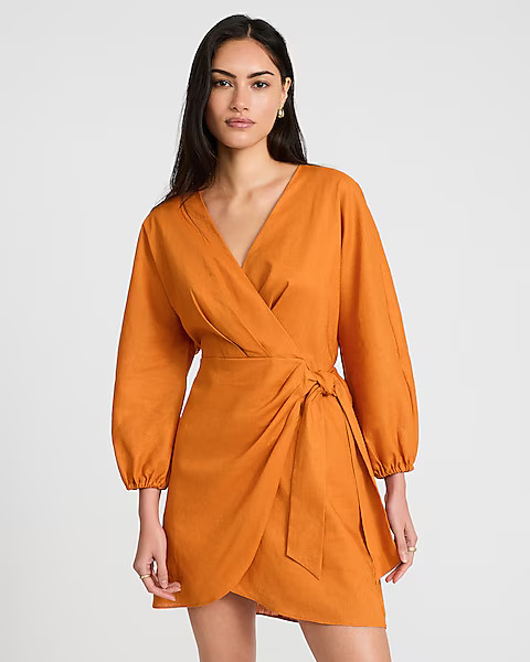 Linen-blend V-neck Long Sleeve Tie Wrap Mini Sheath Dress | Express