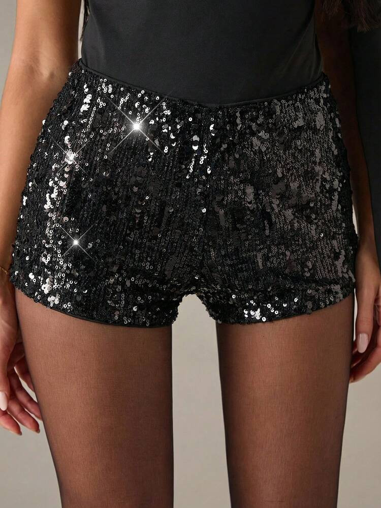 SHEIN BAE Short À Paillettes De Couleur Unie Pour Femmes, Convient Aux Occasions De Fête Glamour | SHEIN