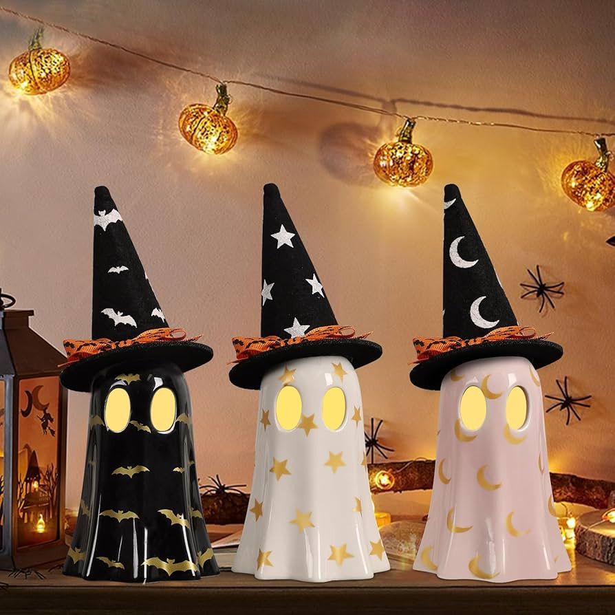 DAZONGE Halloween Decor Indoor, Set of 3 Ceramic Ghosts with Witch Hats, Cute Spooky Ghost Figuri... | Amazon (US)