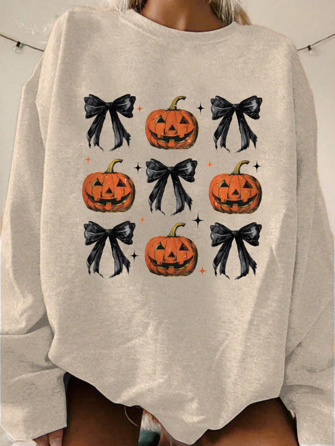 SHEIN Unity Women's Fall Halloween Pumpkin Bow Print Crew Neck Long Sleeve Sweatshirt, Autumn Clo... | SHEIN