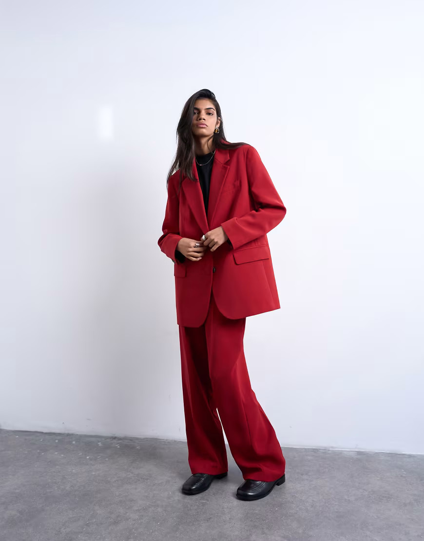 Topshop co ord mid rise clean straight trouser in cherry red | ASOS (Global)