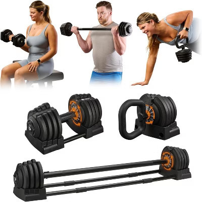 Lifepro 3-in-1 Adjustable Dumbbell Set – 43lb Single Weight Converts to Barbell & Kettlebell, Quick Adjust Dial, Compact Home Gym Equipment | Target