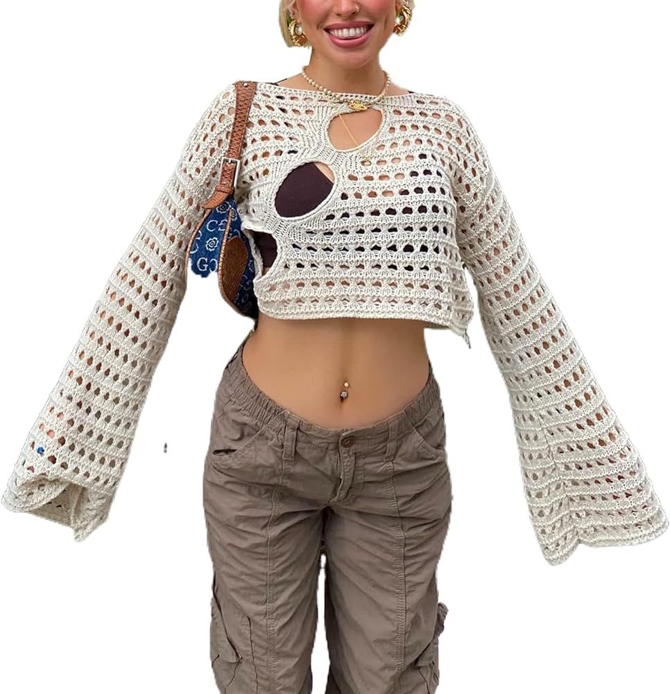 Women 2000s Crochet Crop Tops Long Sleeve Knit Color Block Hollow Out Top E-Girl Patchwork Shirts... | Amazon (US)