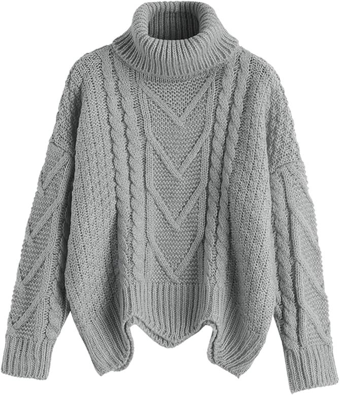 Women Turtleneck Sweater Cable Sweater Elasticity Ribbed Chunky Knit Basic Sweater | Amazon (US)
