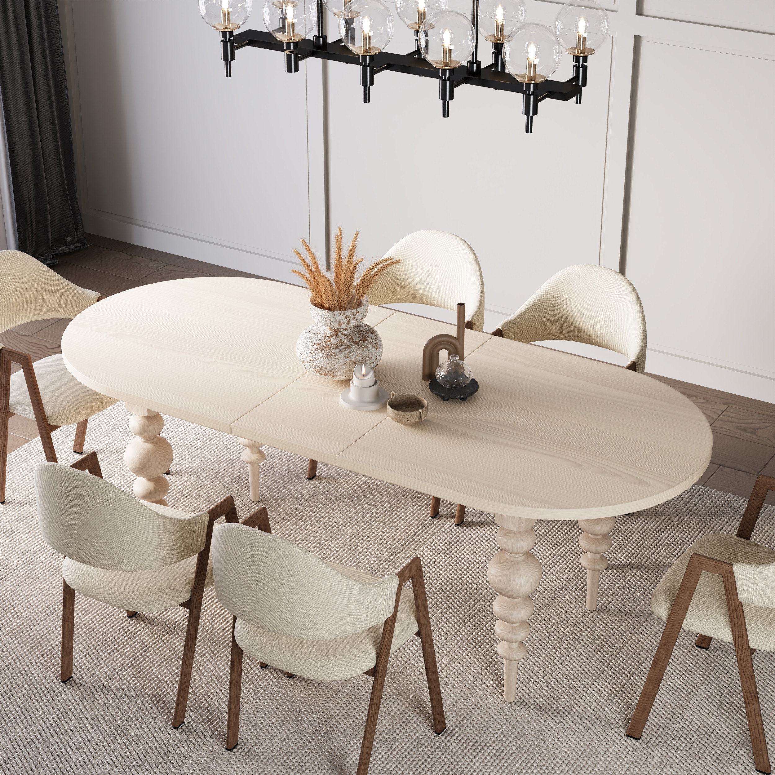 67""-79"" Mid-Century Dining Table Oval Extendable Whitewash Table for 4-8 Person with Turned Legs | Homary