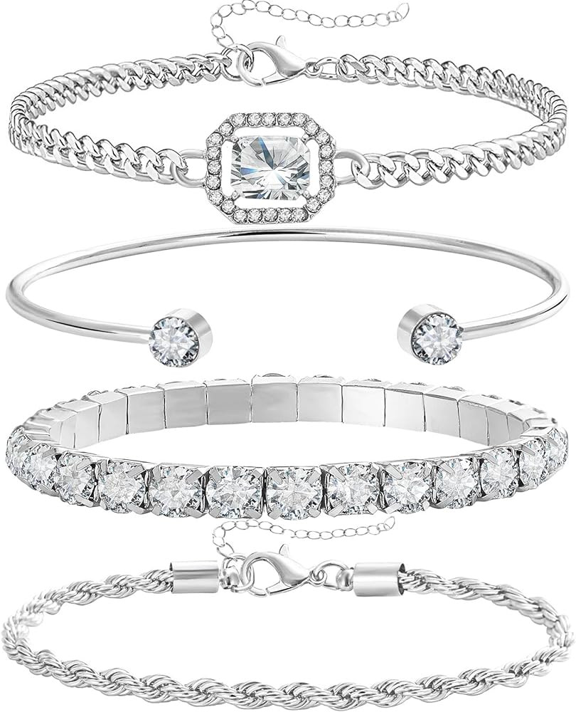 4 Pcs Dainty Gold Silver Bracelets Set for Women 14K Plated Link Cubic Zirconia Paperclip Stake L... | Amazon (US)