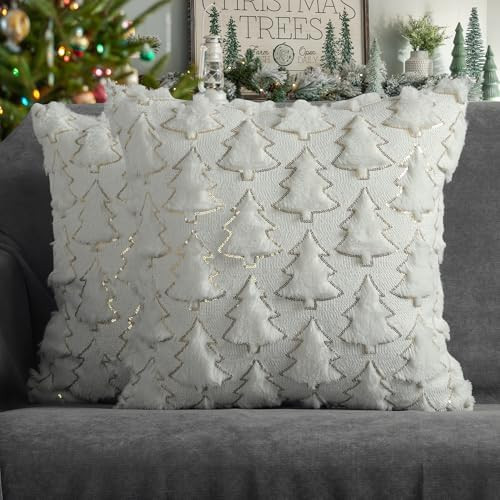 4TH Emotion Christmas Tree Decorative Pillow Covers 20x20 Set of 2, White Soft Plush Faux Fur Far... | Amazon (US)