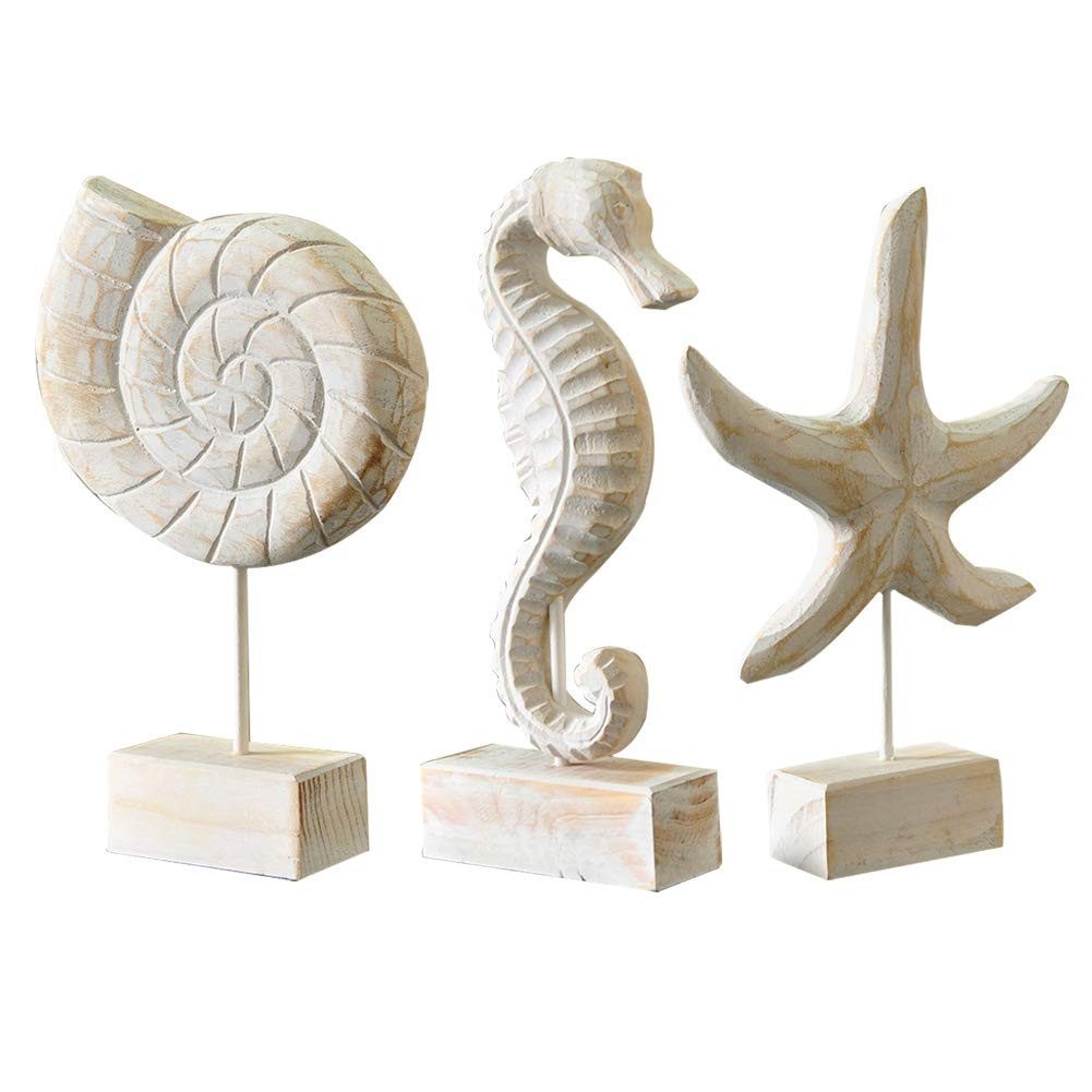 3pcs Wood Handmade Beach Nautical Style Figurines Starfish/Conch/Seahorse Statue Home Decor | Amazon (US)