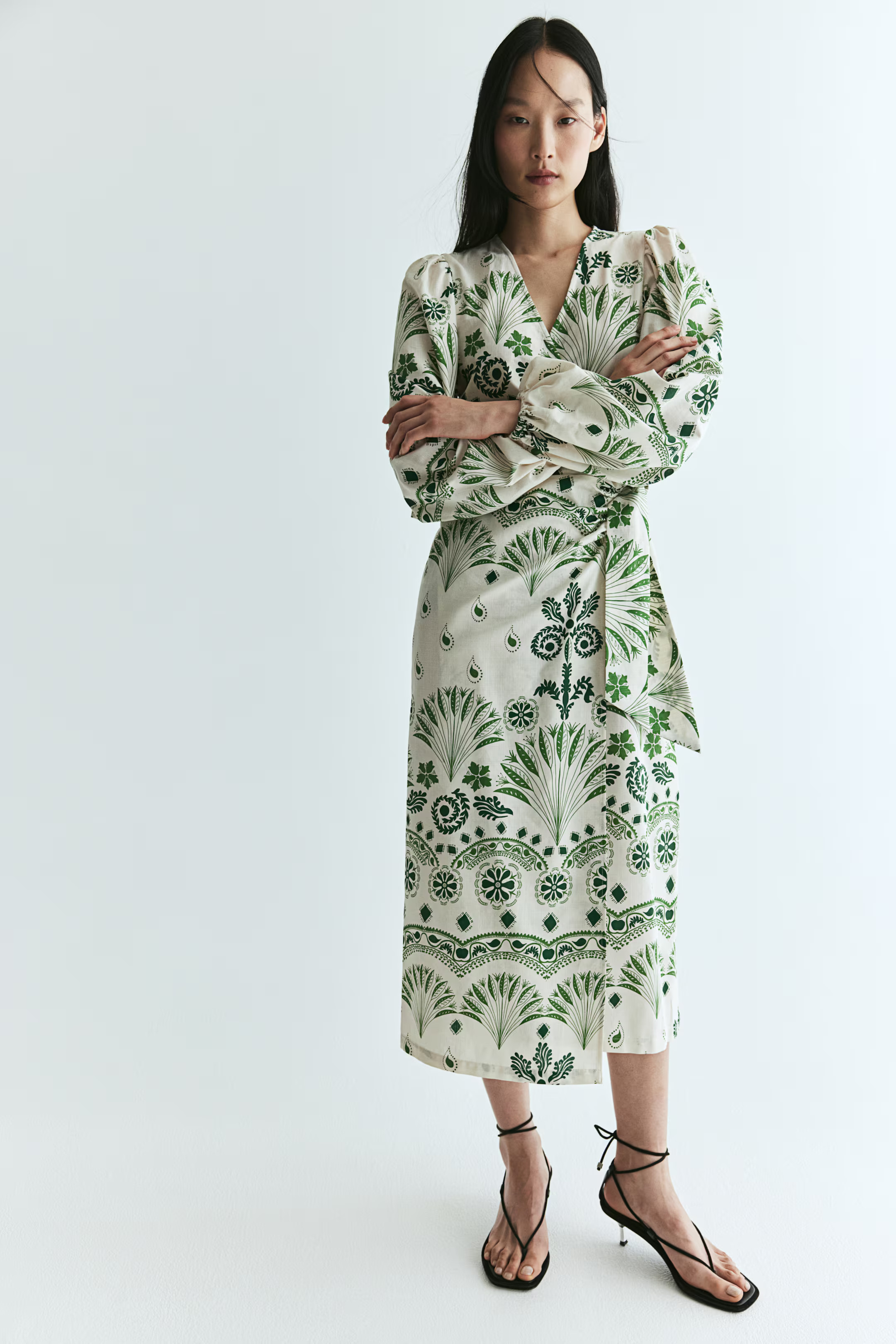 Cotton wrap dress - V-neck - Long sleeve - Cream/Green patterned - Ladies | H&M GB | H&M (UK, MY, IN, SG, PH, TW, HK)