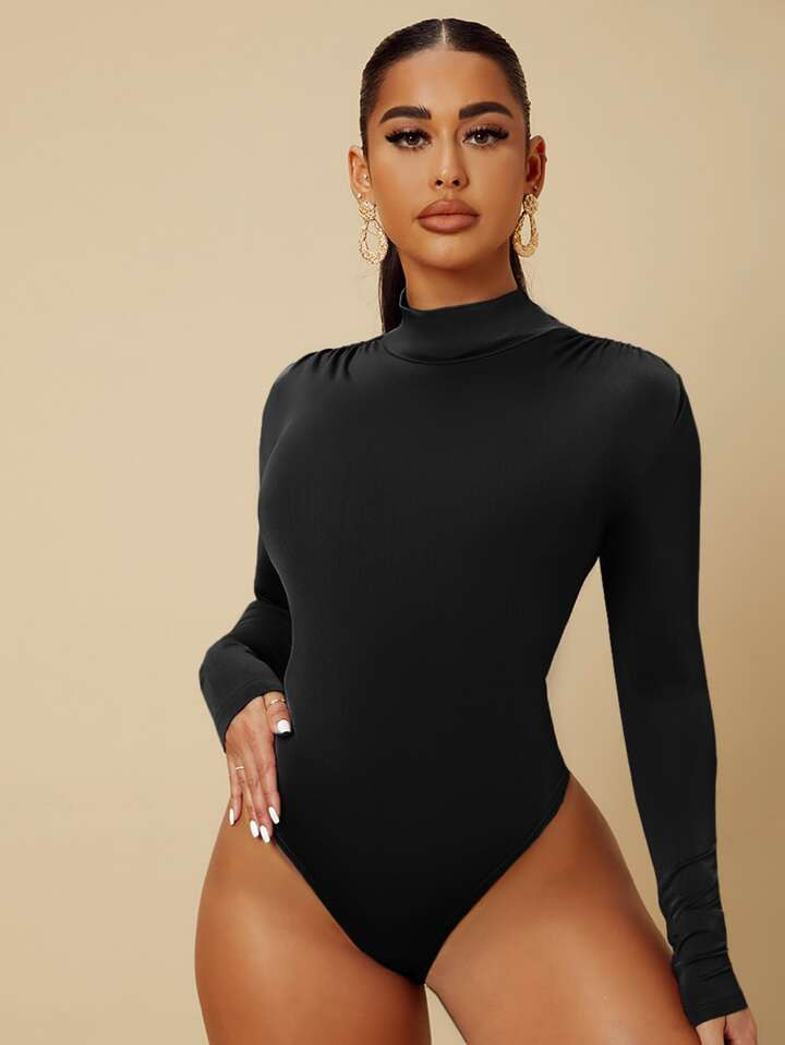 SHEIN SXY Mock Neck Ruched Skinny Bodysuit | SHEIN