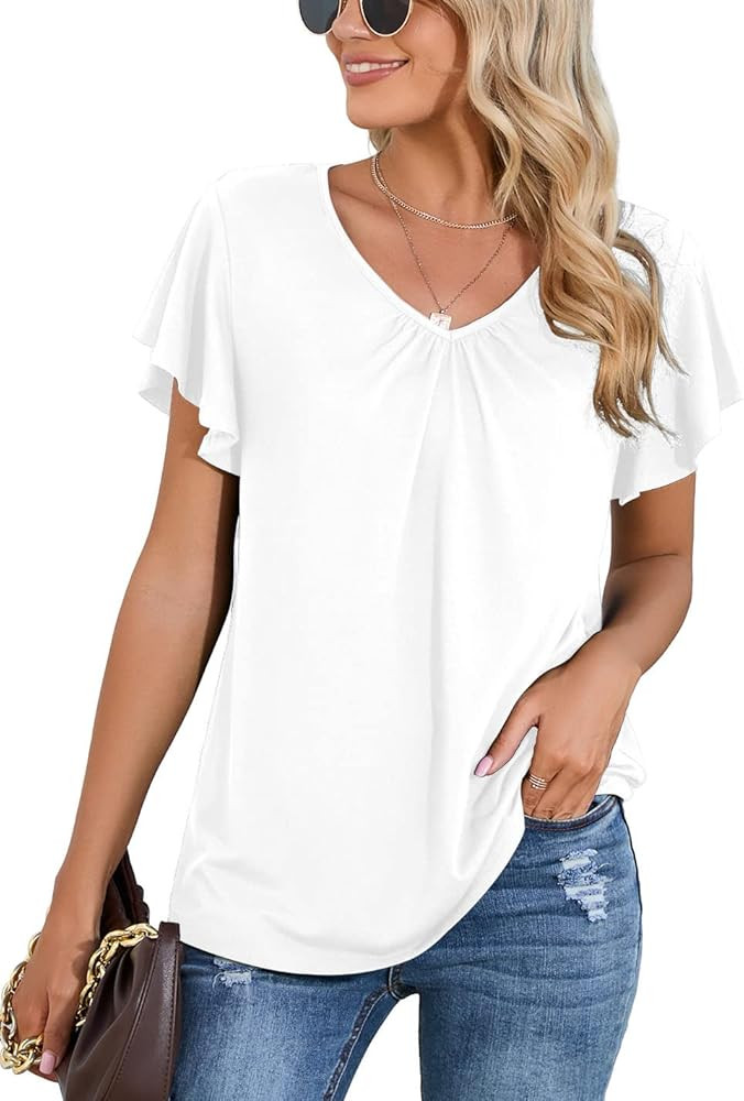 Iandroiy Women's Casual Shirred V-Neck Top Ruffle Short Sleeve Shirts Basic Pleated Top | Amazon (US)