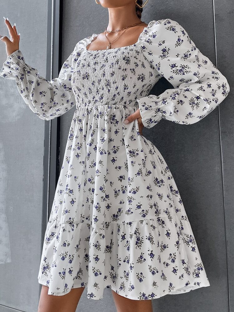 Ditsy Floral Shirred Flounce Sleeve Ruffle Hem Dress | SHEIN