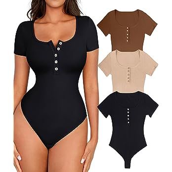 FeelinGirl 3 Packs Short Sleeve Bodysuit for Women Henley Tops Ribbed Cotton T Shirts Summer Scoo... | Amazon (US)